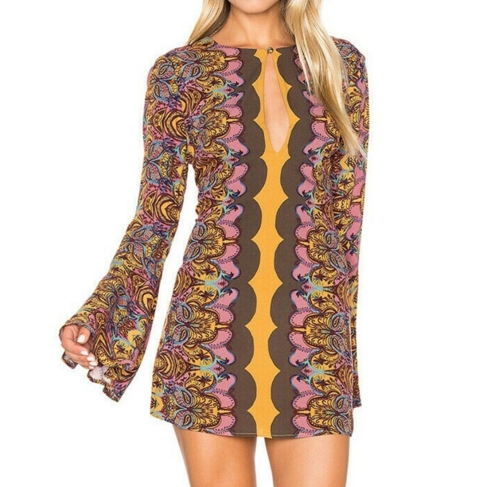 NWT Free People Ossie Vibes Boho Paisley Hippie Bell Sleeve Mini Dress Size 2